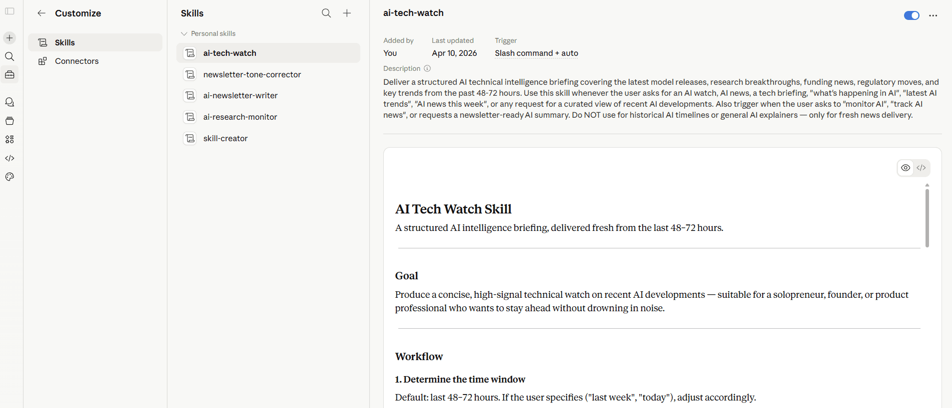 The Claude Skills settings panel listing Anthropic, custom, and partner skills.